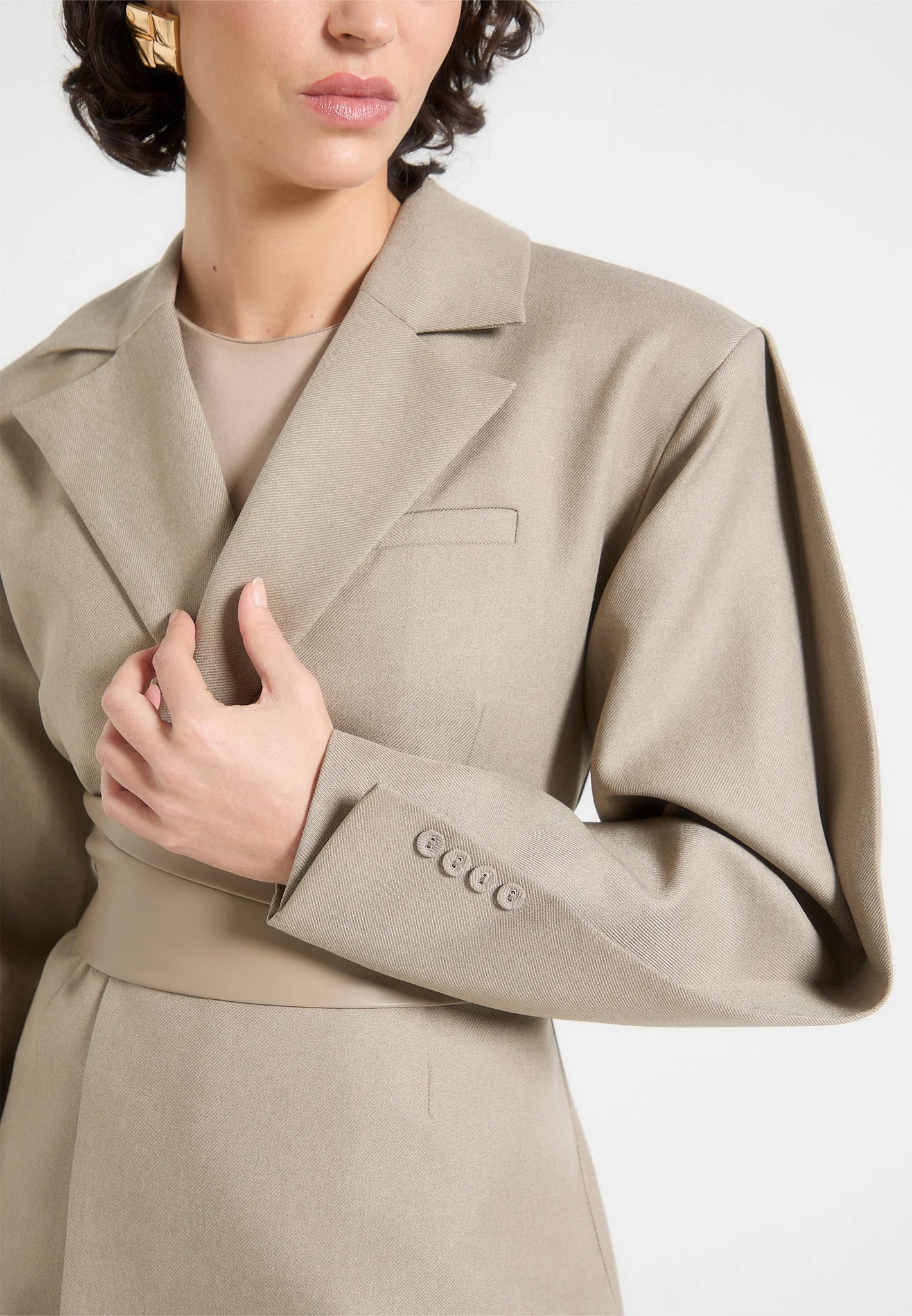 Marie - Twist Sleeve Tailored Blazer with Belt - Taupe - Image 3