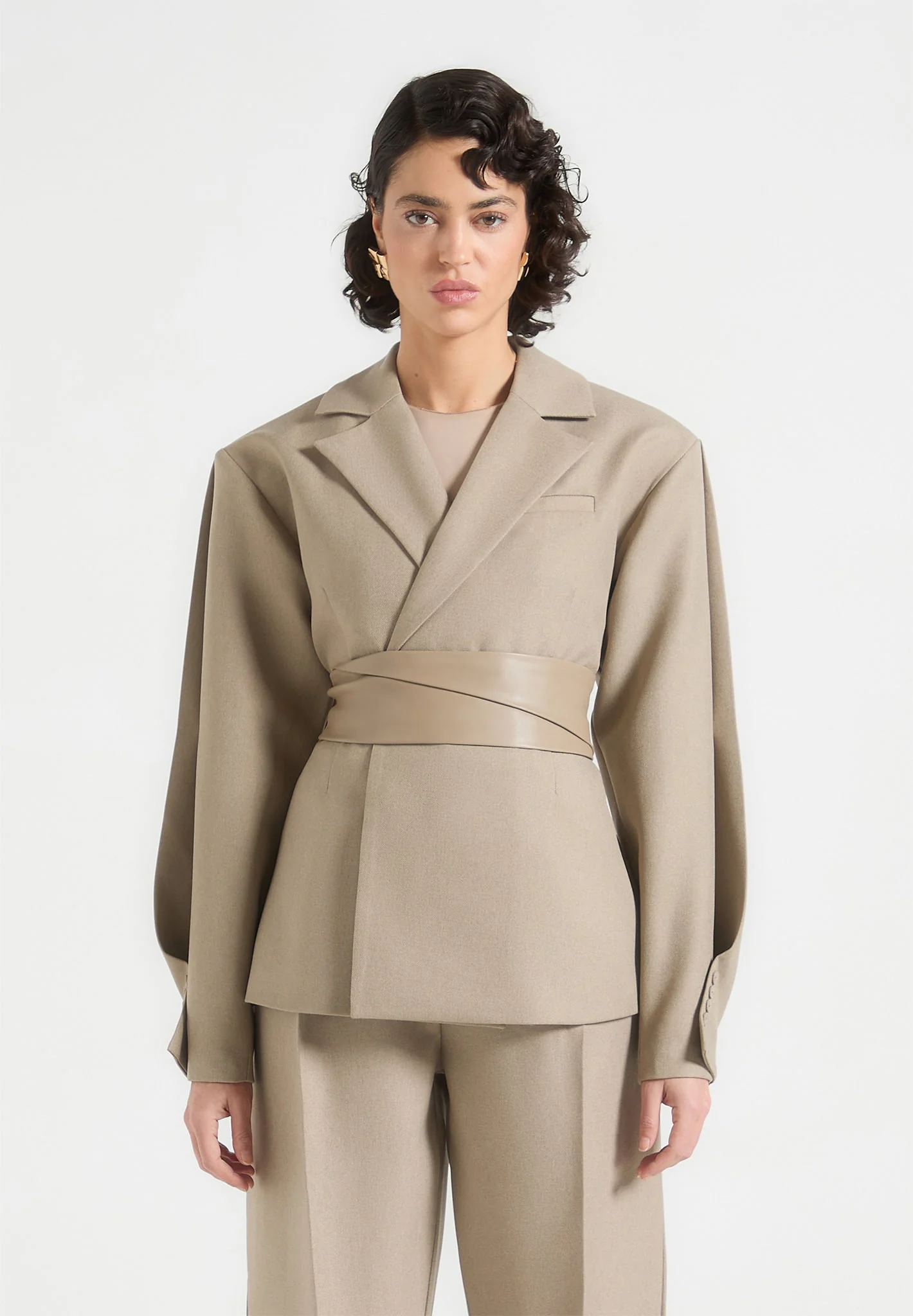 Marie - Twist Sleeve Tailored Blazer with Belt - Taupe - Image 4