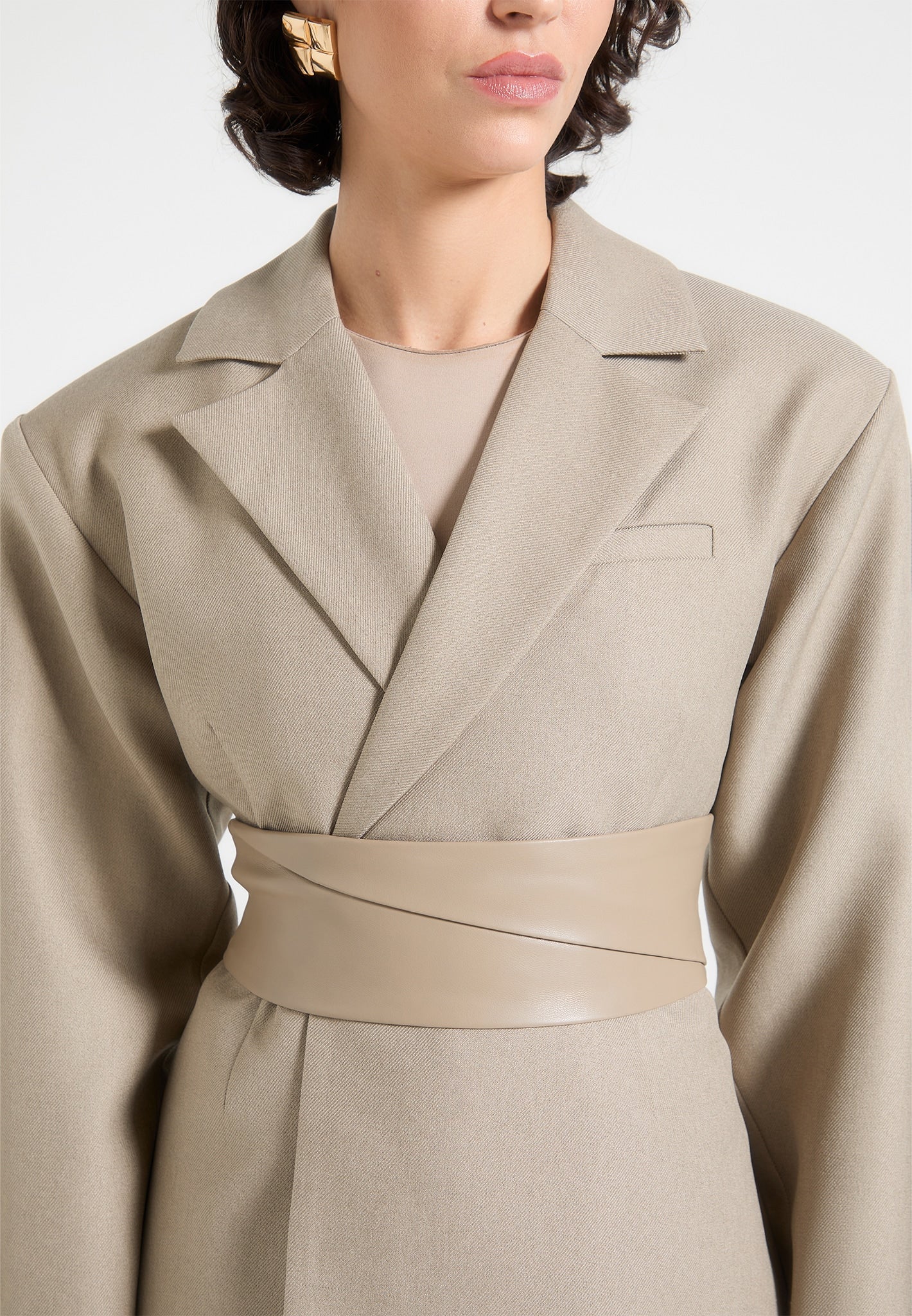 Marie - Twist Sleeve Tailored Blazer with Belt - Taupe - Image 6