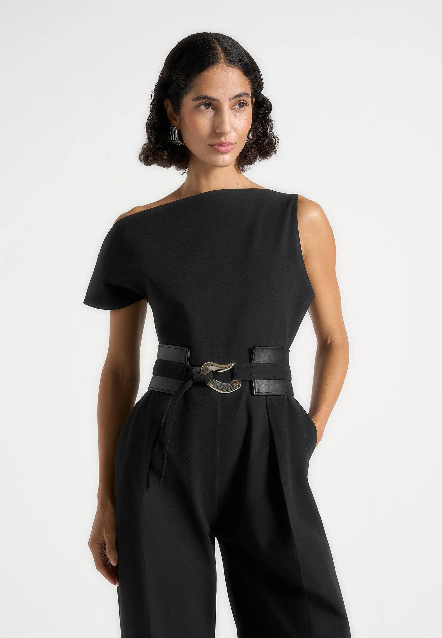 Valerie - Tailored Off Shoulder Jumpsuit With Belt - Black - Image 2