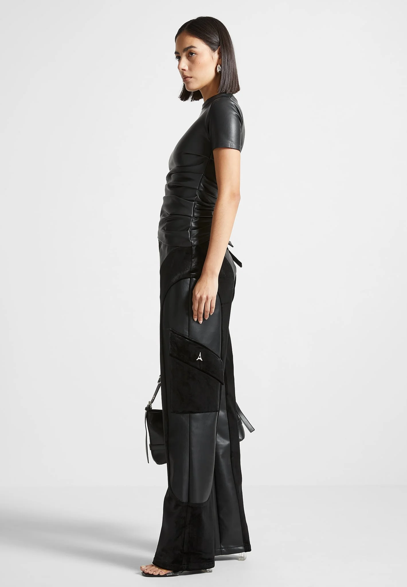 Leather and Velvet Cargo Pants - Black - Image 2