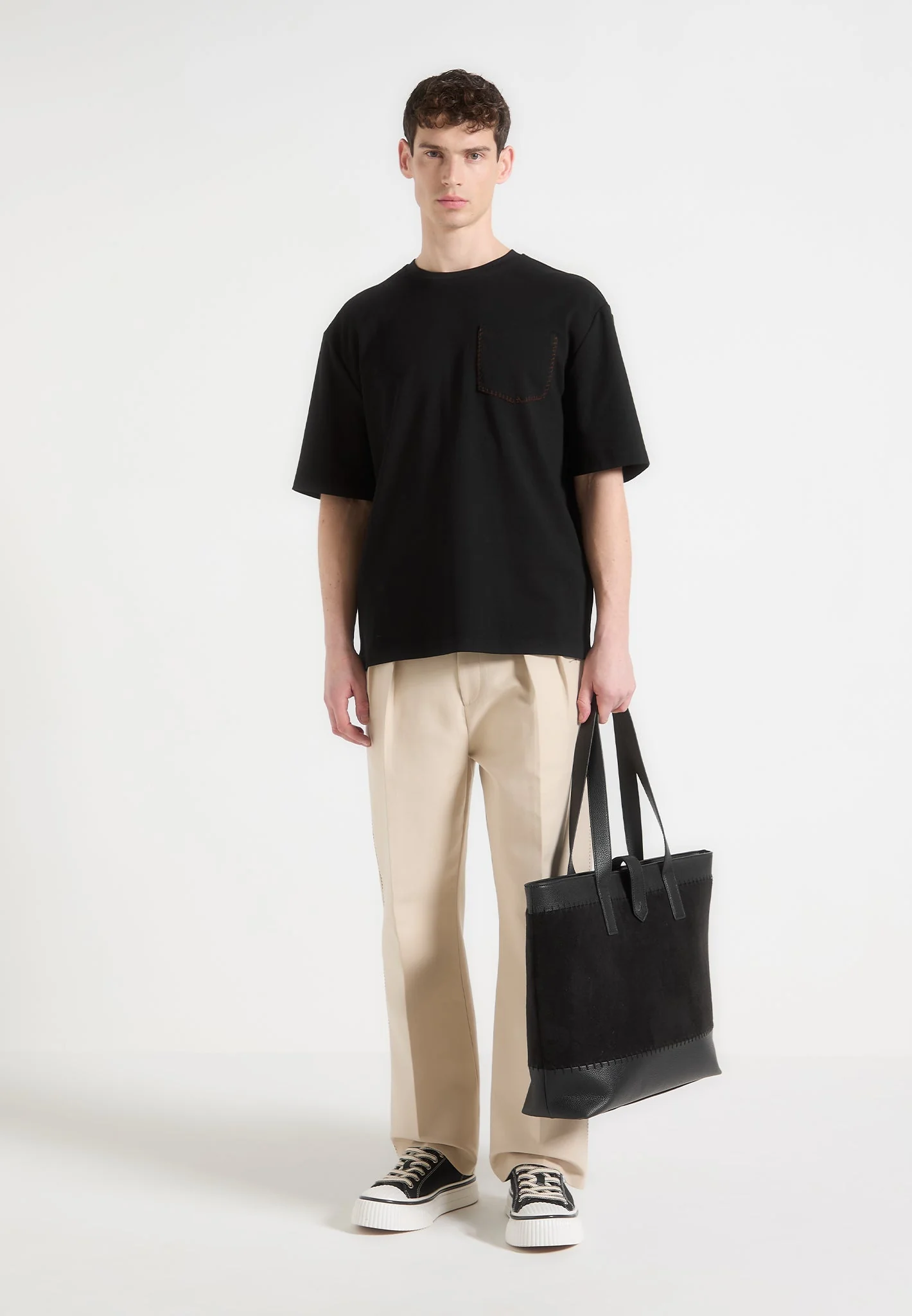 Whipstitch Pocket Cotton T-Shirt - Black - Image 2