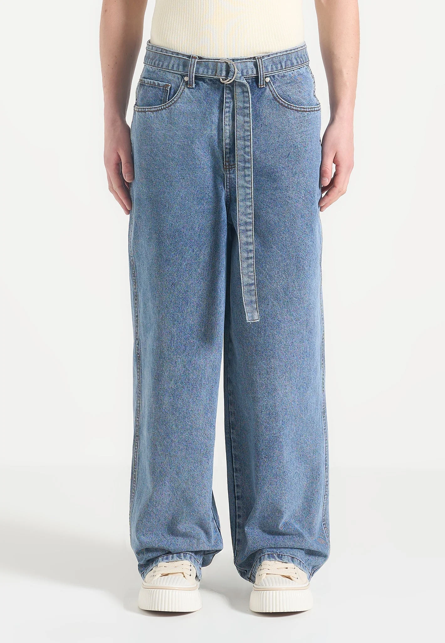 Adam - Wide Leg Belted Denim Jeans - Blue Wash