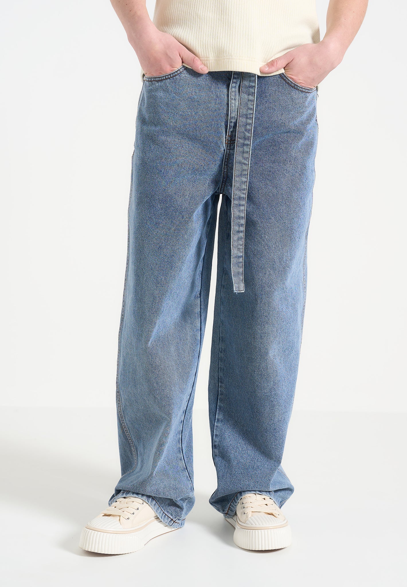 Adam - Wide Leg Belted Denim Jeans - Blue Wash - Image 2