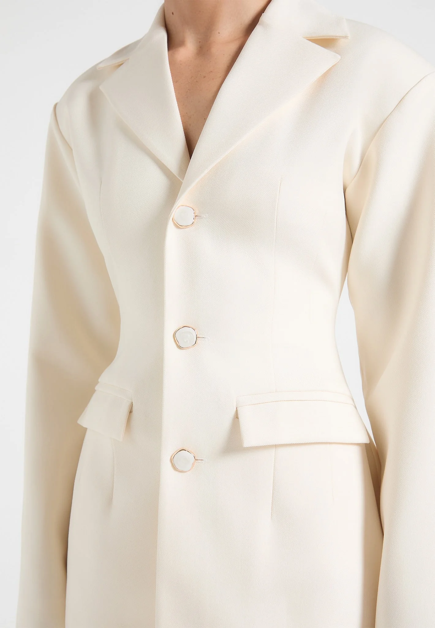 Claire - Wide Shoulder Cinch Waist Blazer - Cream - Image 3