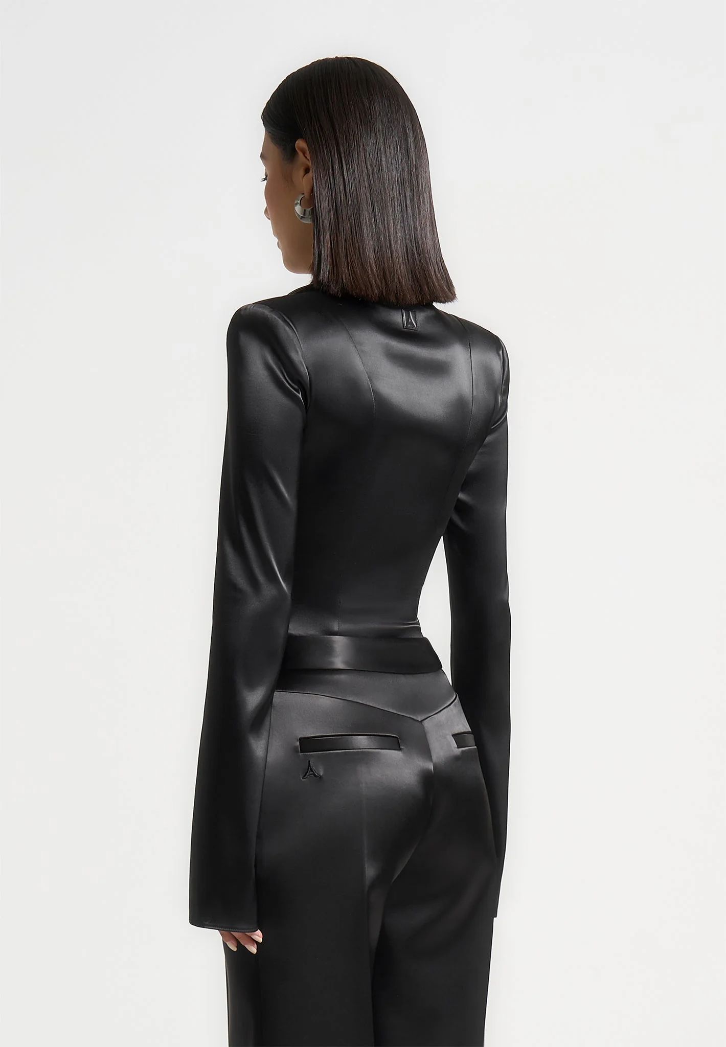 Louise - Wide Shoulder Satin Shirt Bodysuit - Black - Image 4