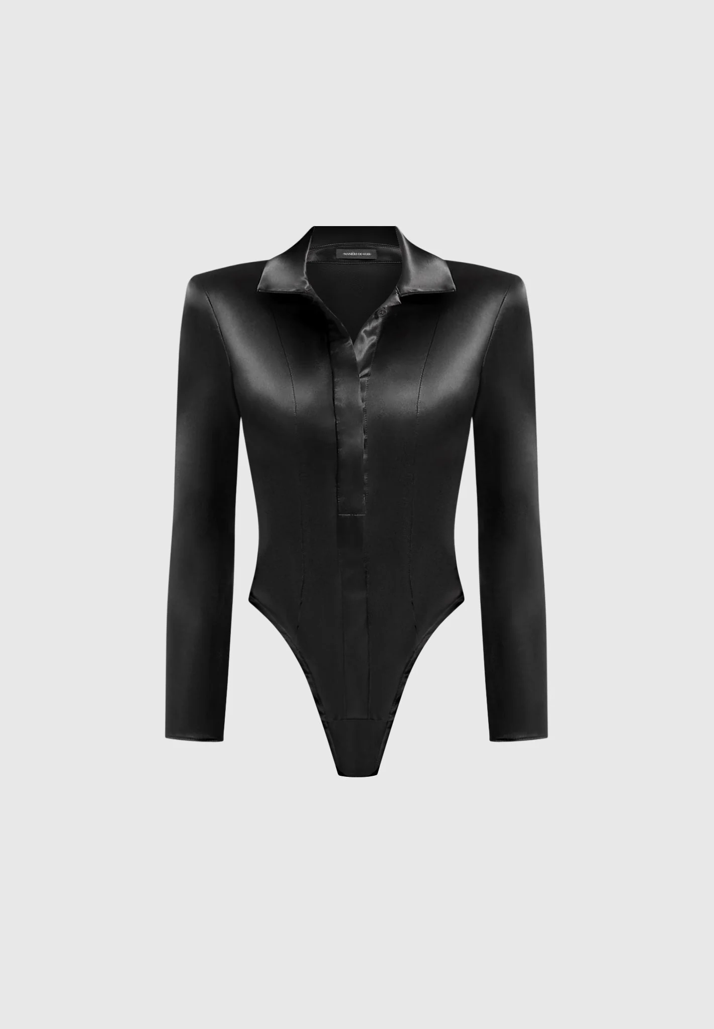 Louise - Wide Shoulder Satin Shirt Bodysuit - Black - Image 8