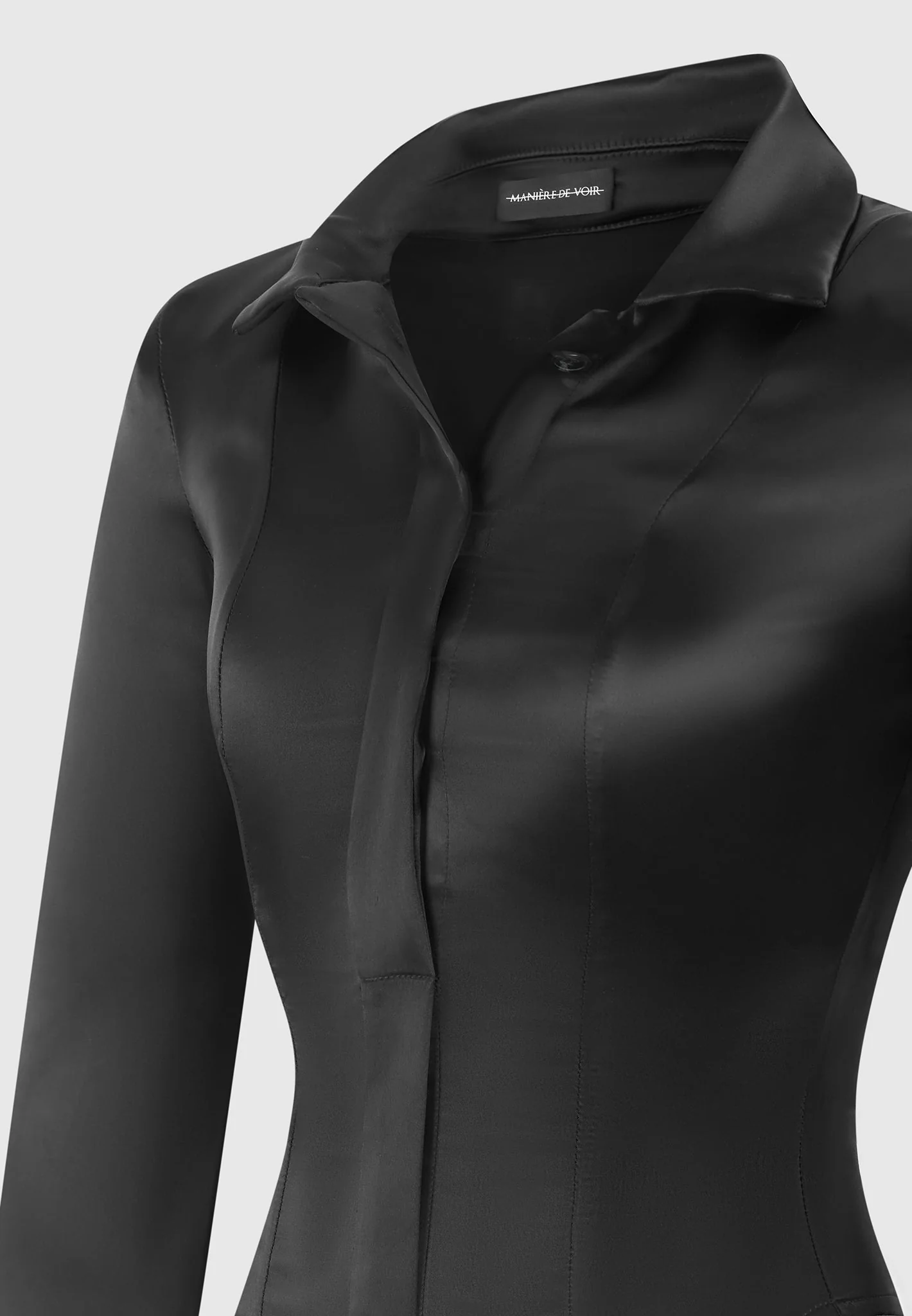 Louise - Wide Shoulder Satin Shirt Bodysuit - Black - Image 9