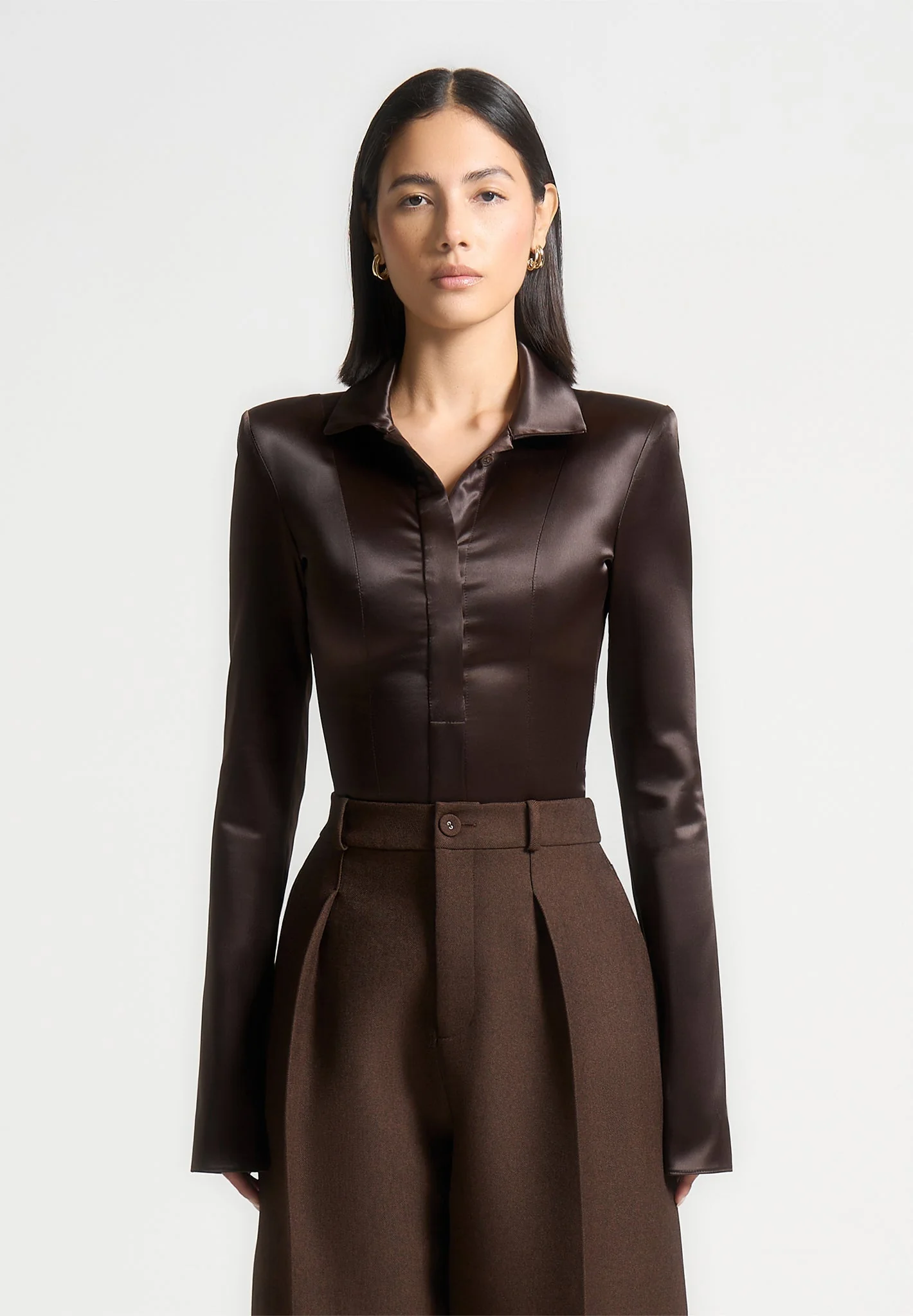 Louise - Wide Shoulder Satin Shirt Bodysuit - Brown - Image 3