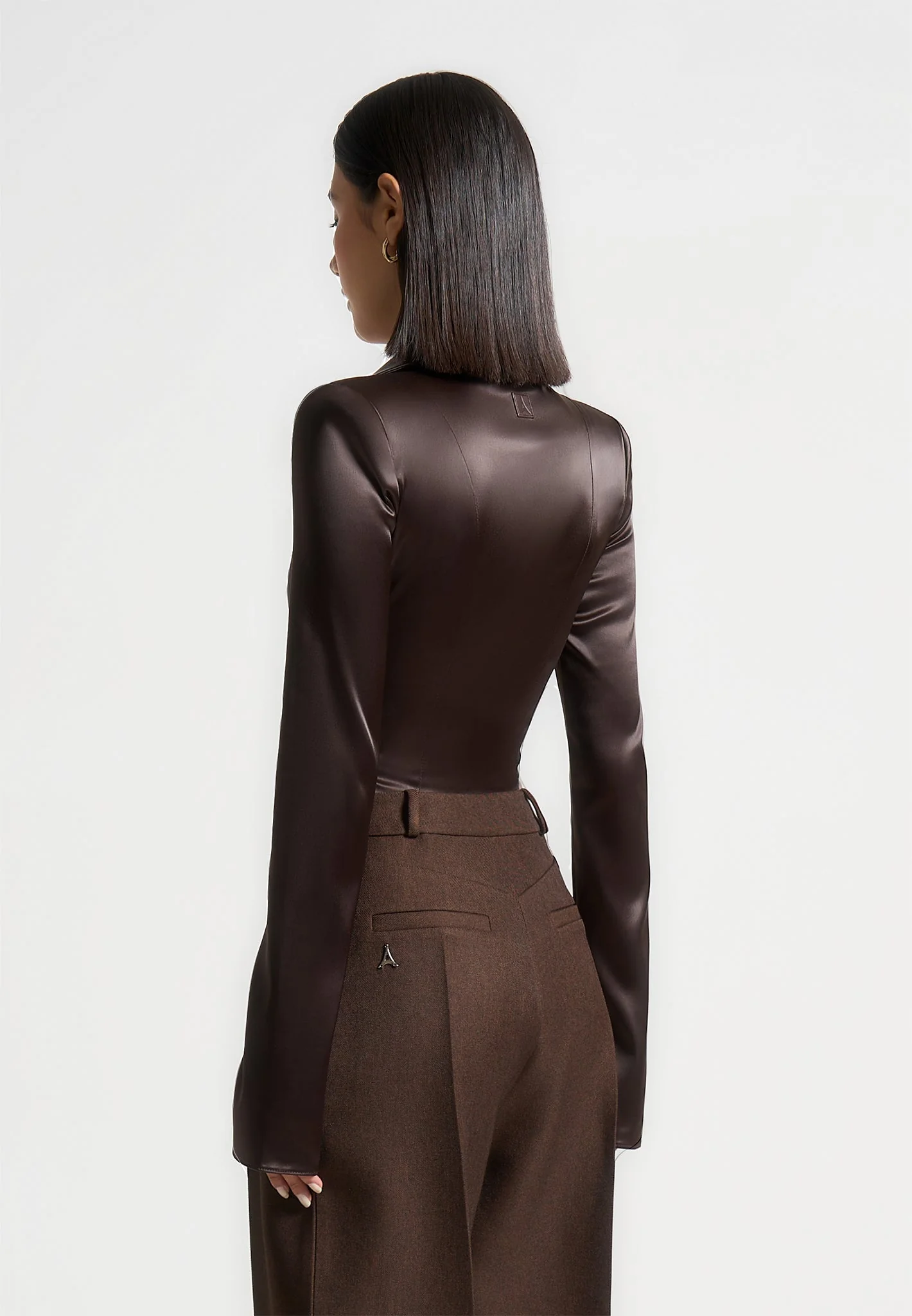 Louise - Wide Shoulder Satin Shirt Bodysuit - Brown - Image 4