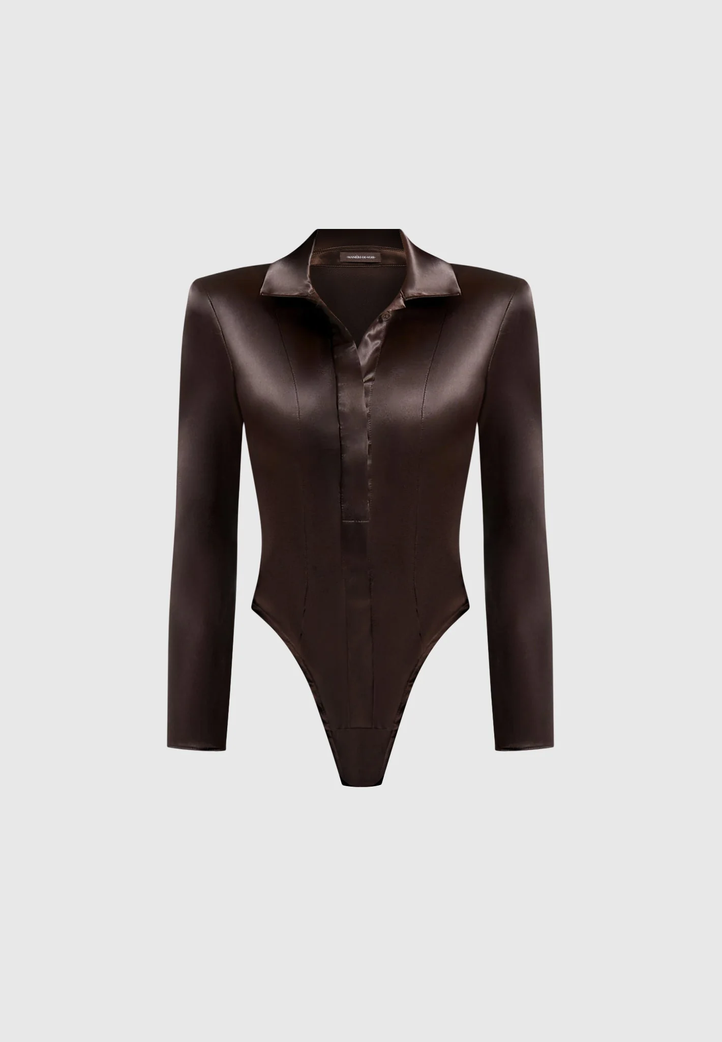 Louise - Wide Shoulder Satin Shirt Bodysuit - Brown - Image 6