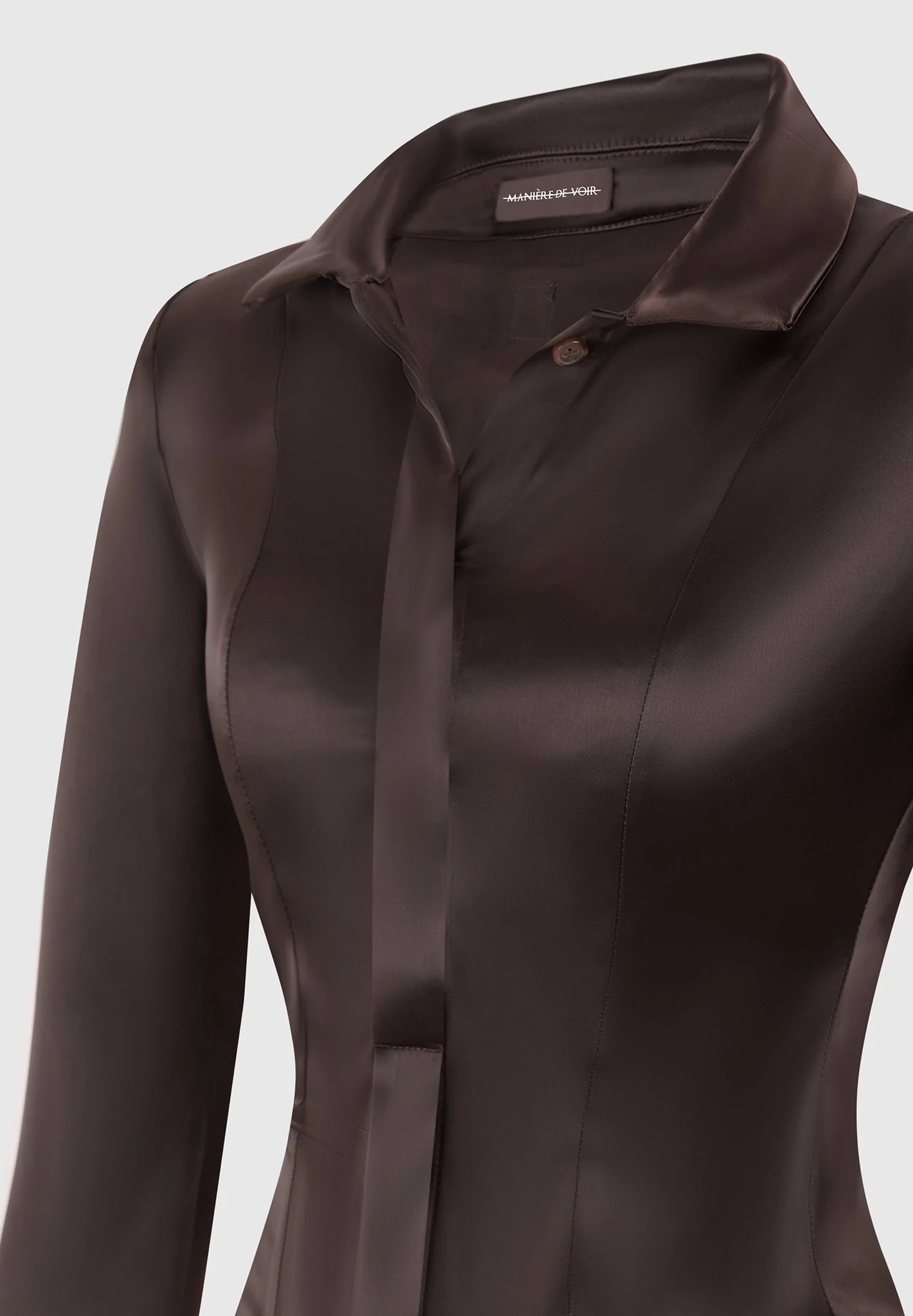 Louise - Wide Shoulder Satin Shirt Bodysuit - Brown - Image 7