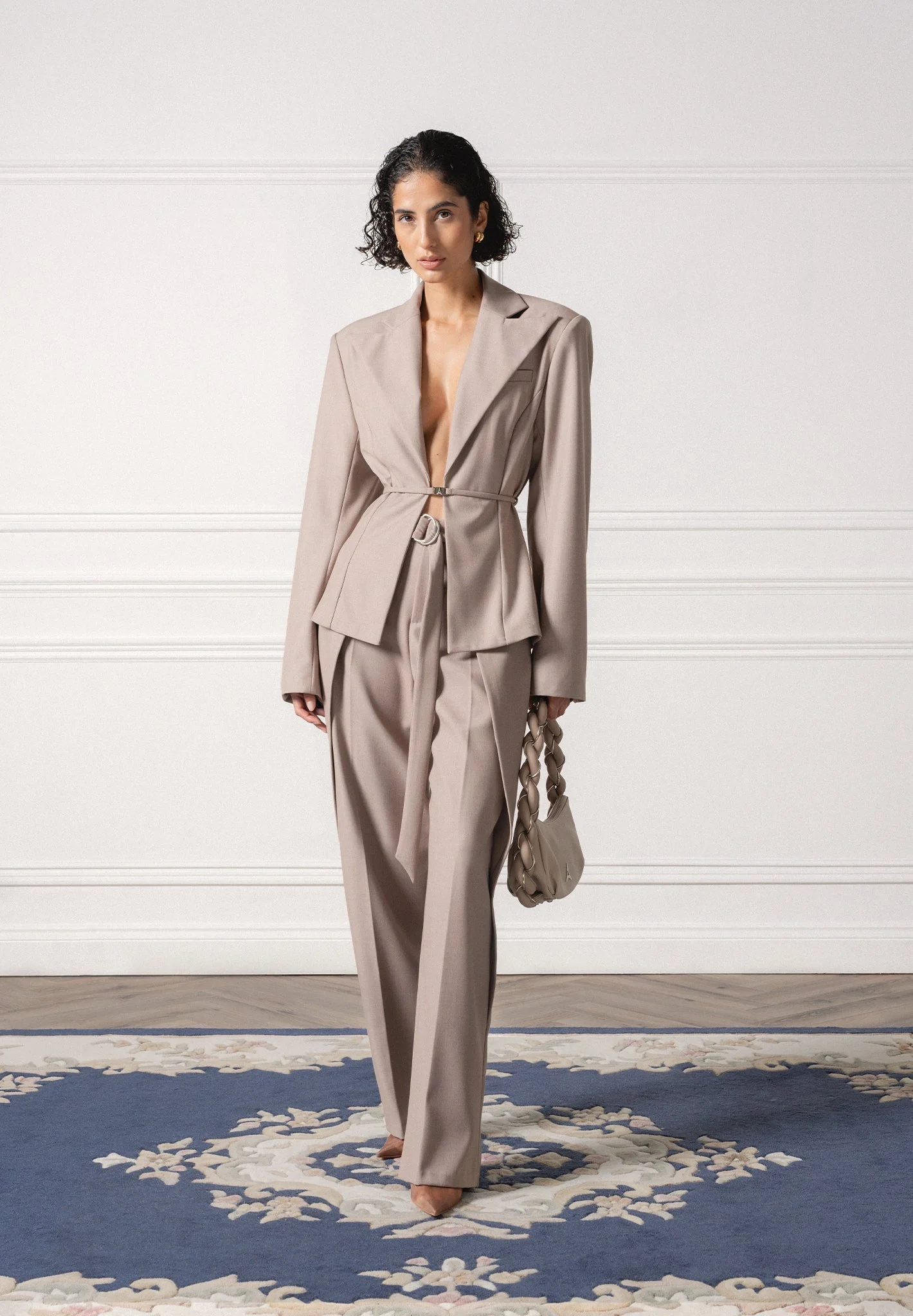 Wide Shoulder Tailored Blazer with Twin Belt - Taupe - Image 3