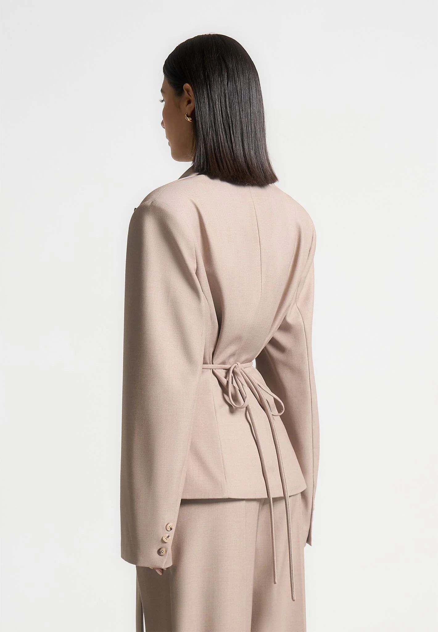Wide Shoulder Tailored Blazer with Twin Belt - Taupe - Image 4