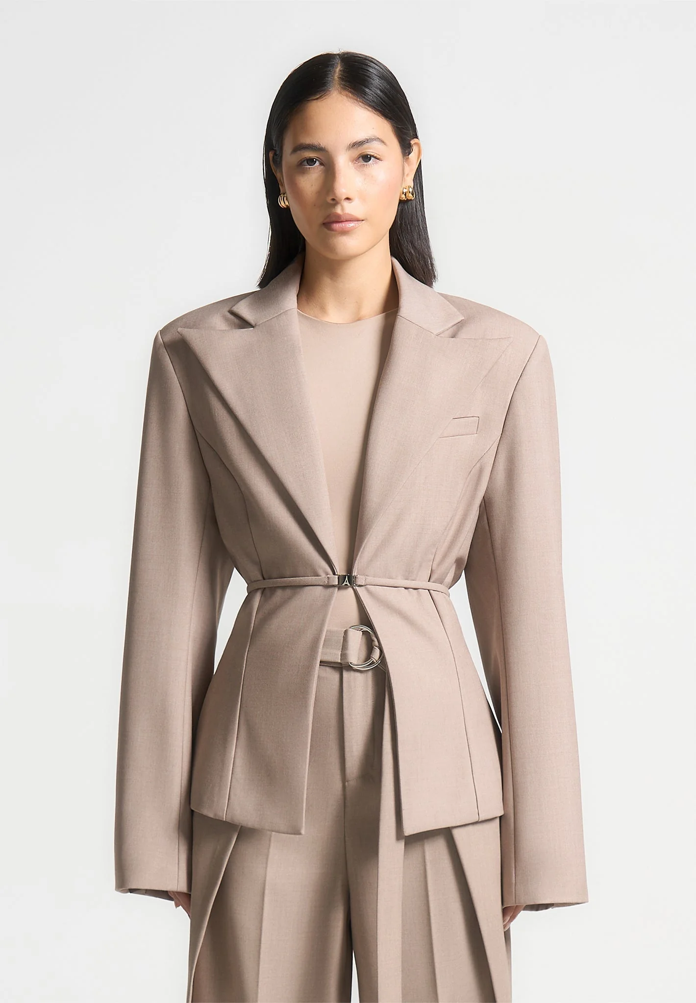 Wide Shoulder Tailored Blazer with Twin Belt - Taupe - Image 5
