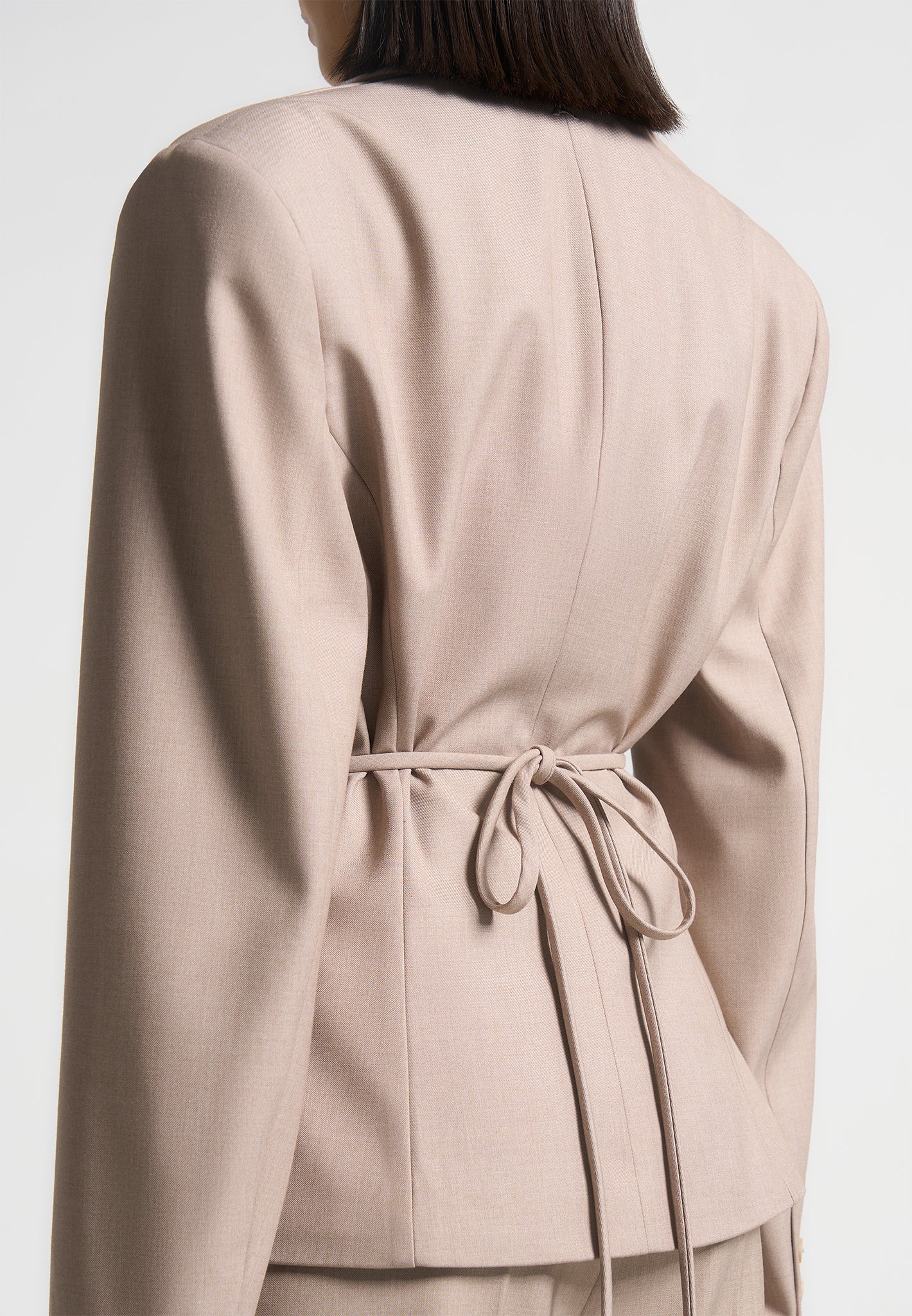 Wide Shoulder Tailored Blazer with Twin Belt - Taupe - Image 6