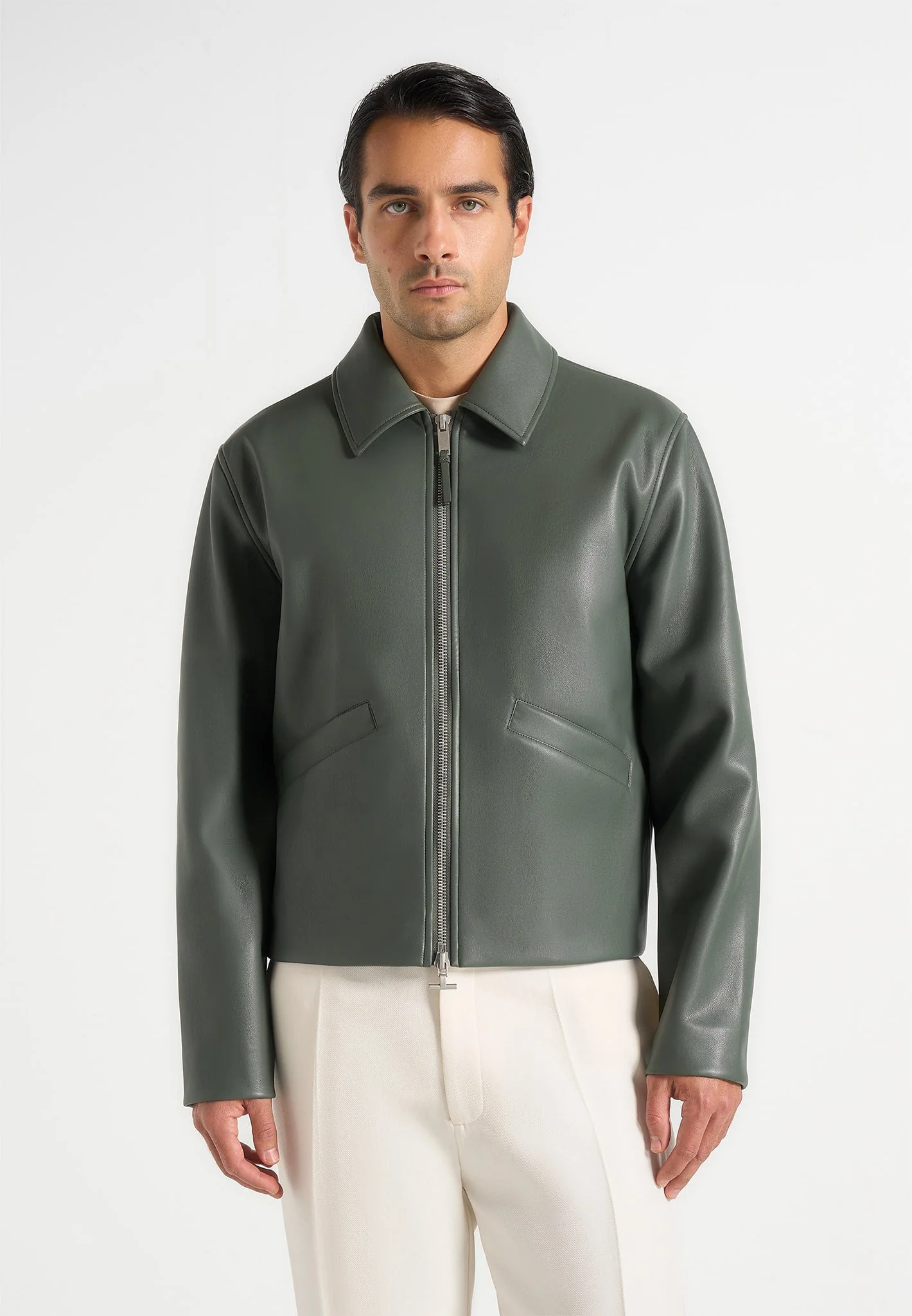 Yves - Minimal Leather Jacket - Olive - Image 2