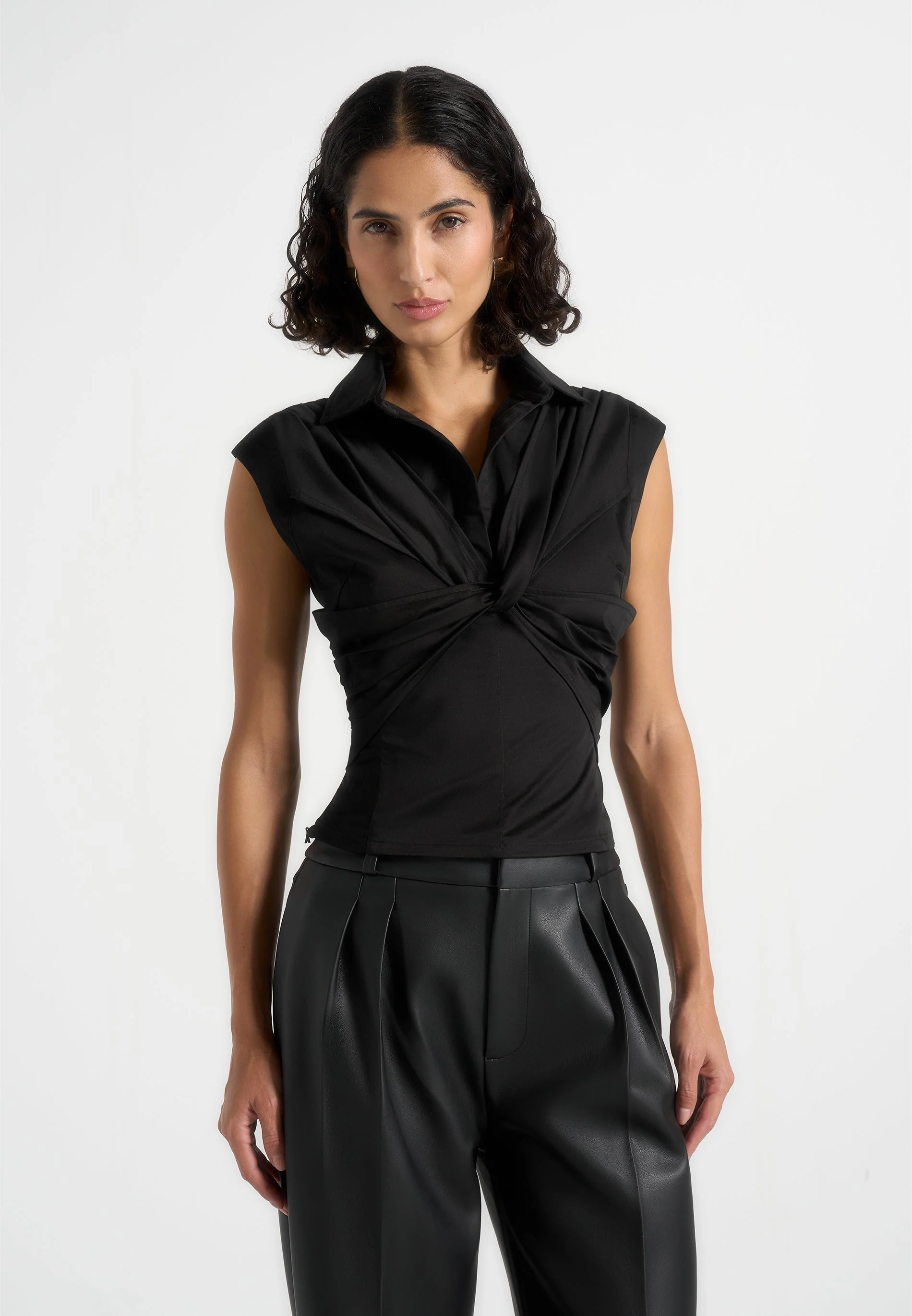 Yvette - Twist Front Sleeveless Shirt - Black