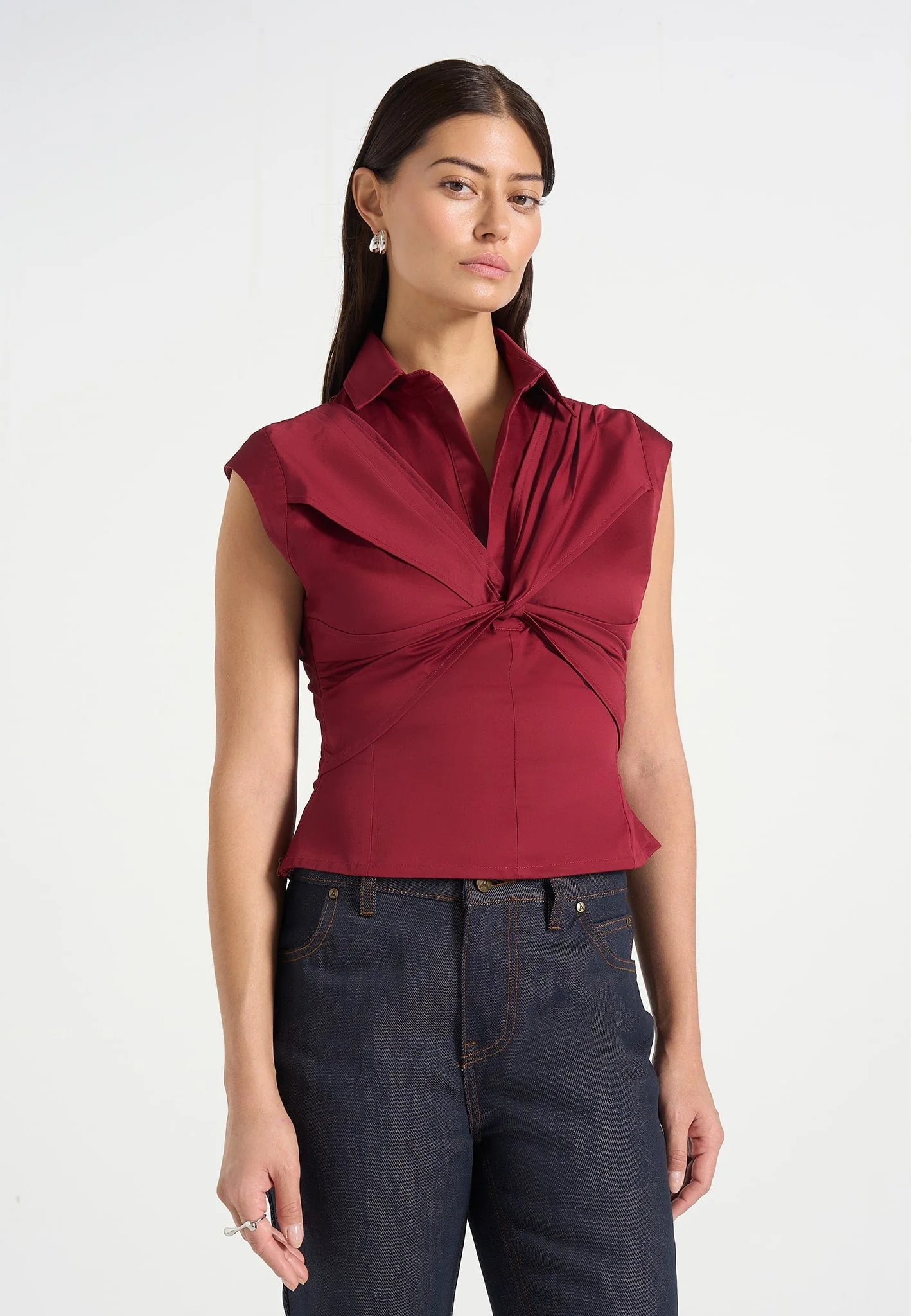 Yvette - Twist Front Sleeveless Shirt - Wine Red - Image 2
