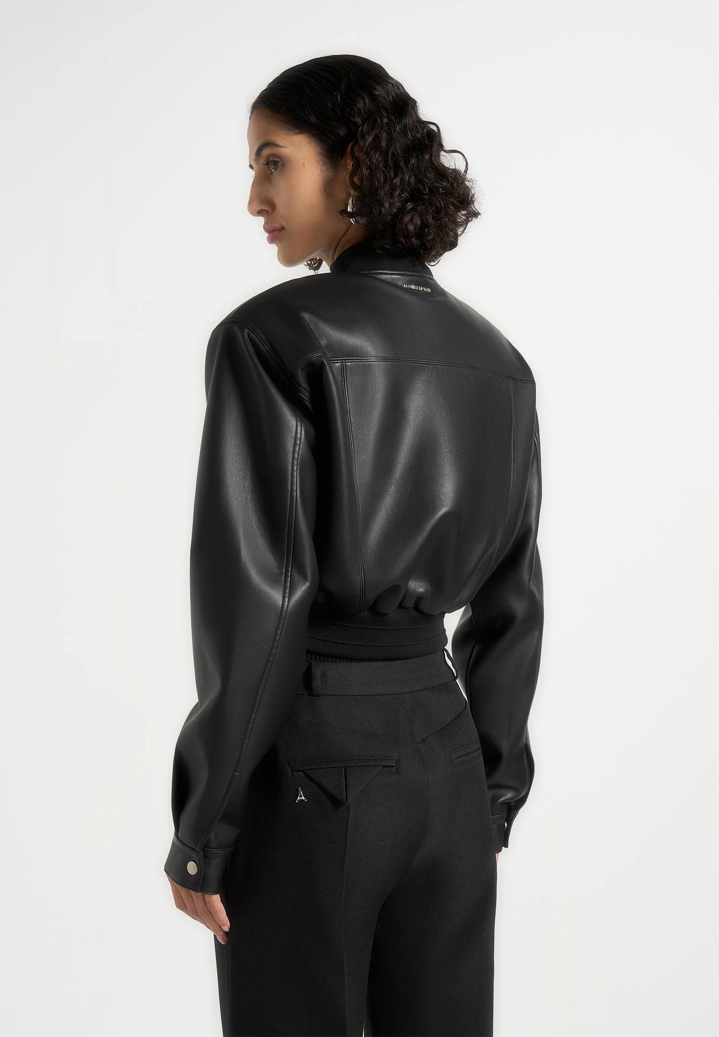 Zina - Leather Wide Shoulder Bomber Jacket - Black - Image 5